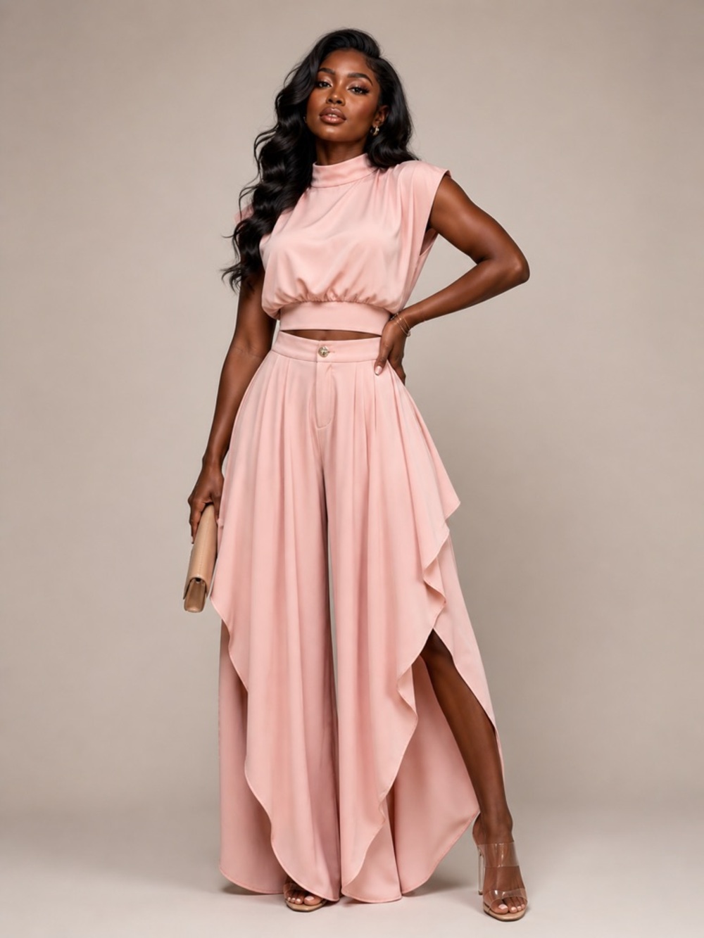 Two-Piece Draped Crop Top & Ruffle Pant  Set